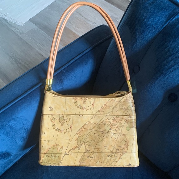 vintage y2k vegan leather handbag in tan map print - Picture 1 of 4